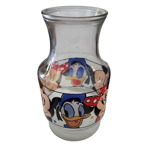 1986 Vintage Disney Clear Glass Carafe with Mickey,Minnie, And Donald Design - Picture 2 of 4